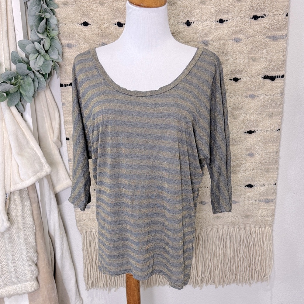 Candie's Gray and Gold shimmer Striped scoop neck long sleeve Top size L